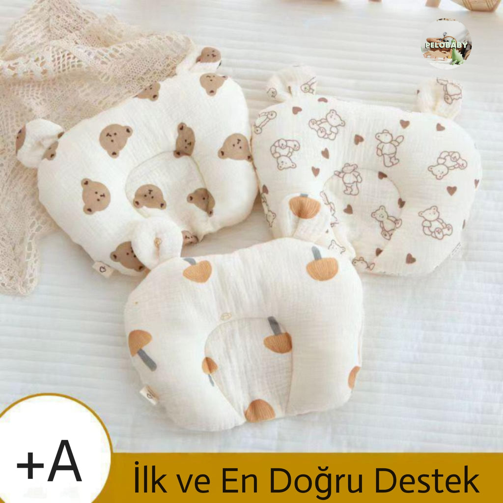 Ayıcıklı Ortopedik Bebek Kafa Destek Yastığı – Düz Baş Önleyici, Pamuklu