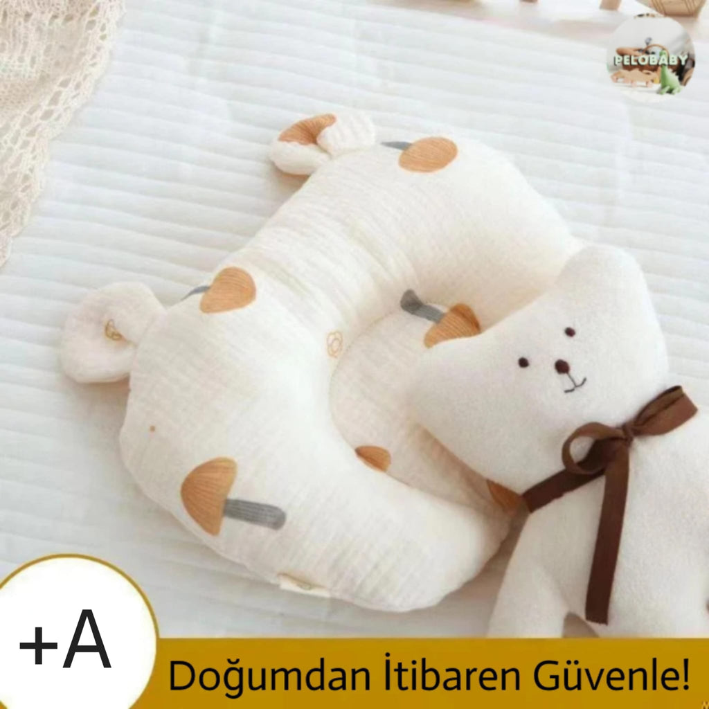 Ayıcıklı Ortopedik Bebek Kafa Destek Yastığı – Düz Baş Önleyici, Pamuklu